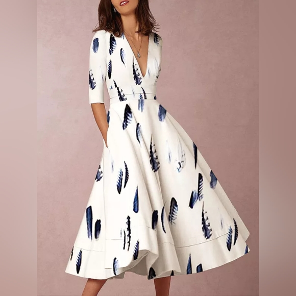 OC Order Plus Dresses & Skirts - NWT Womens Sexy Elegant Deep Vneck Feather Floral White Dress Light Satin Sz XL